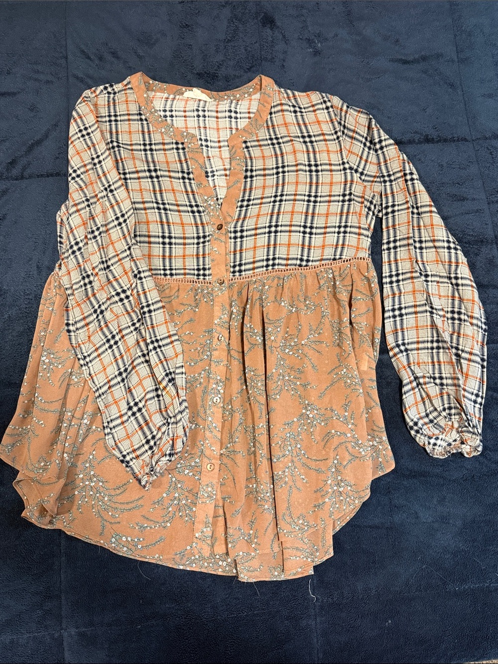 Mystree Peach Plaid Mixed-Print Button Front Tunic